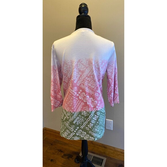 Southern Lady Blouse Sz Large Top White Pink Green Design + Stretch Casual Long - Picture 5 of 10